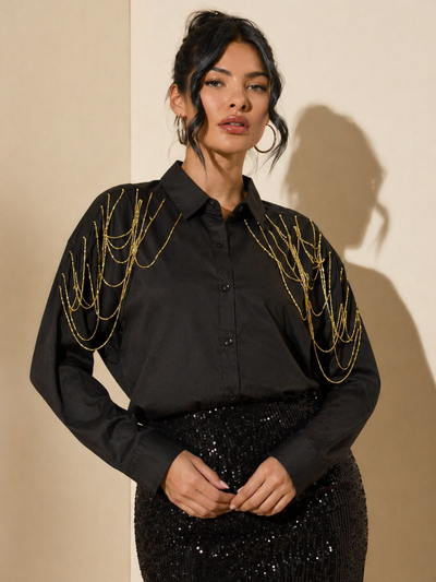 Edgy Embellished Handcrafted Oversized Shirt Black