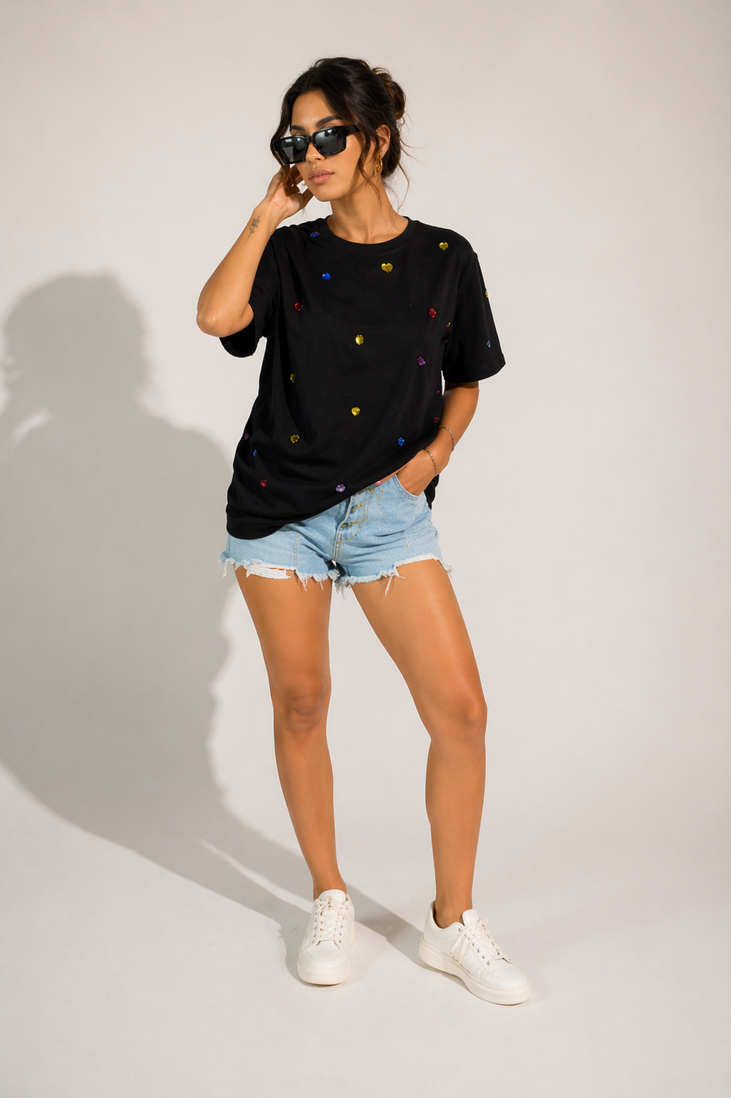 9 Stone Embellished Handcrafted oversized T-Shirt Black