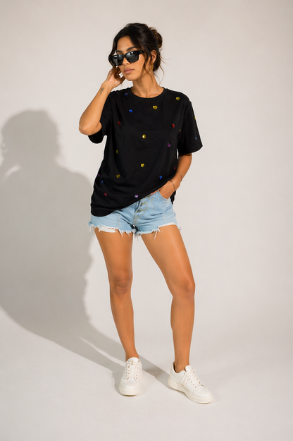 9 Stone Embellished Handcrafted oversized T-Shirt Black