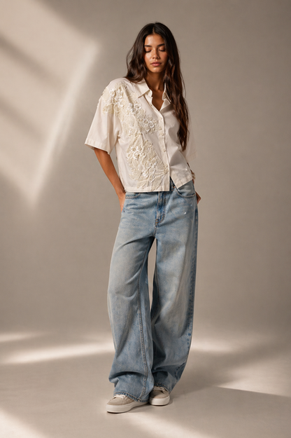 Pearl River Embellished Handcrafted Crop Shirt White
