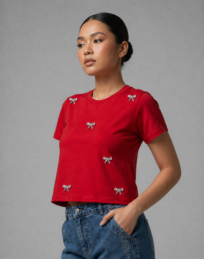 Bow Bliss Embellished Handcrafted Crop T-shirt Red
