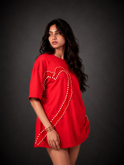 Cupid Embellished Handcrafted Oversized Tshirt Dress Red
