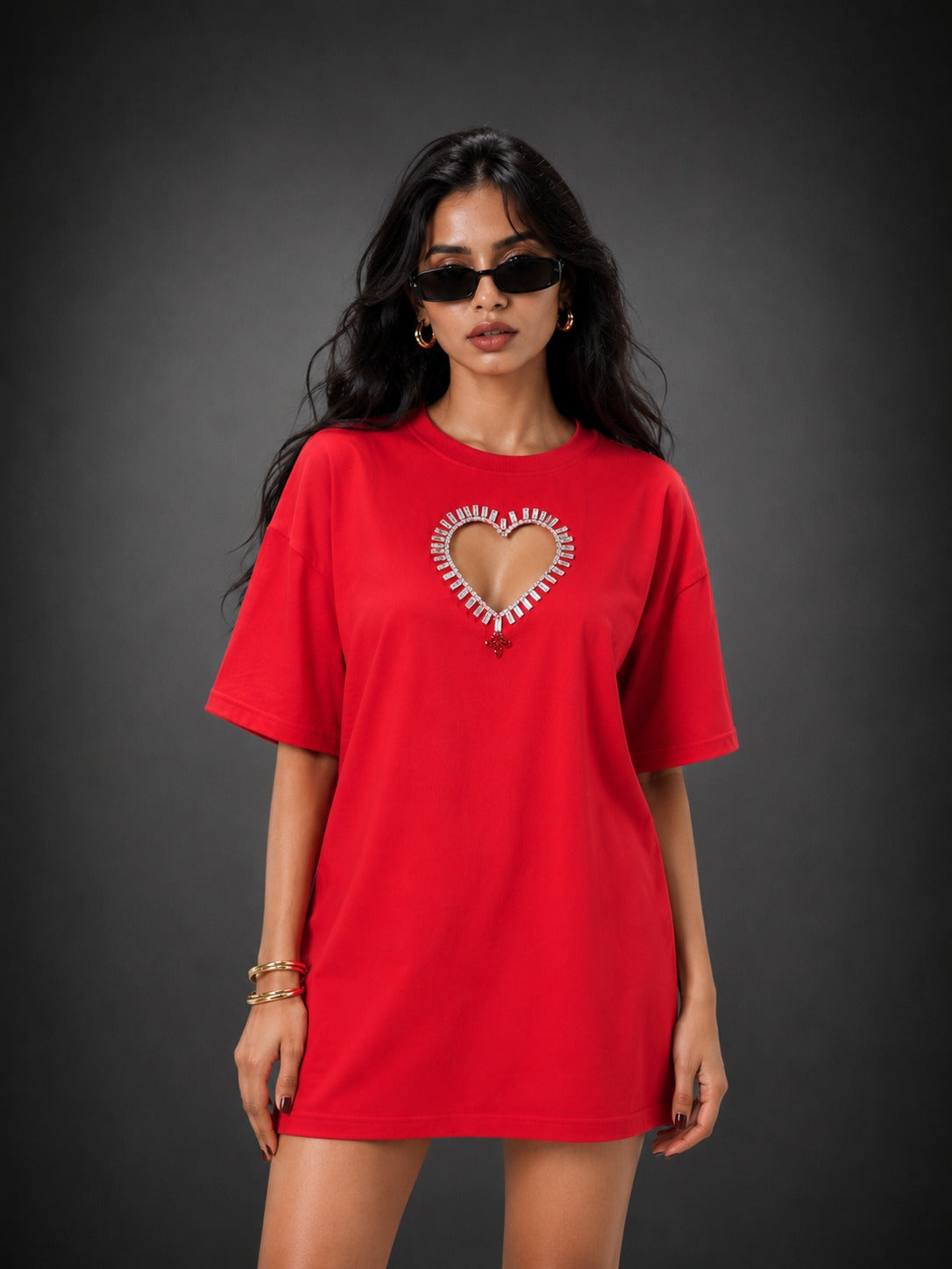 Queen of Heart Embellished Handcrafted Oversized Tshirt Dress Red