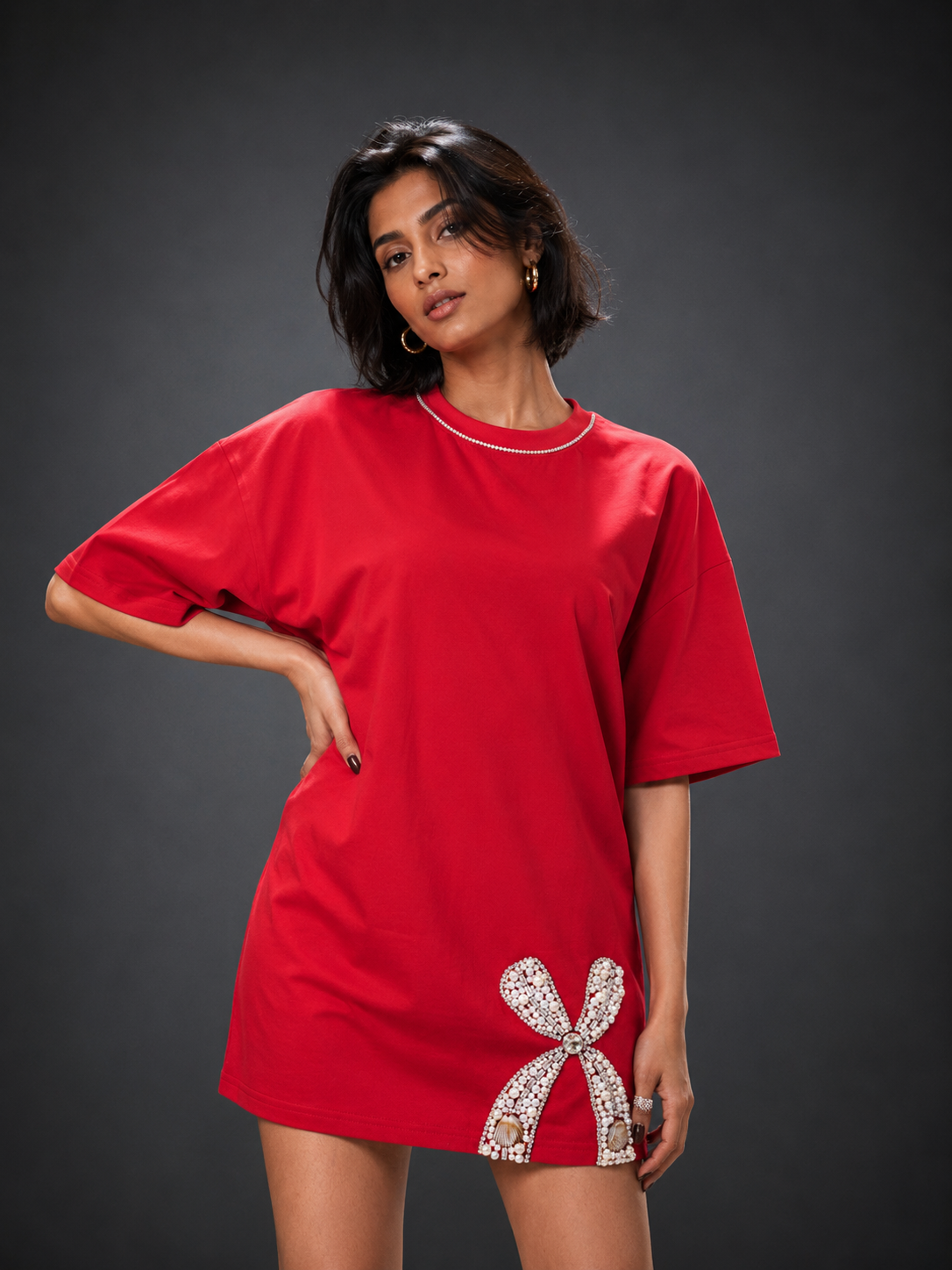 Ruby Bow Embellished Handcrafted Oversized Tshirt Dress Red