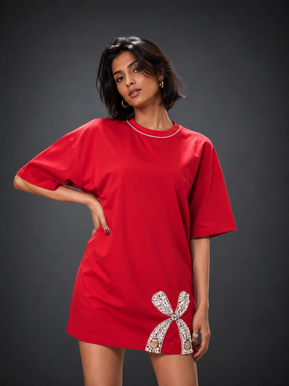 Ruby Bow Embellished Handcrafted Oversized Tshirt Dress Red