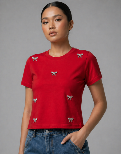 Bow Bliss Embellished Handcrafted Crop T-shirt Red