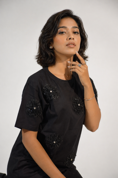 Flower Embellished Handcrafted Oversized T-Shirt Black