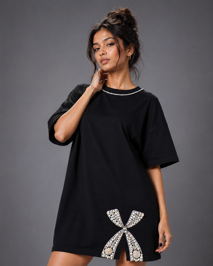 Crystal Bow Embellished Handcrafted Oversized Tshirt Dress Black