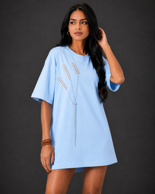 The Grain Embellished Handcrafted Oversized Tshirt Dress Powder Blue