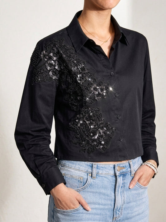 Pearl River Embellished Handcrafted Crop Shirt black