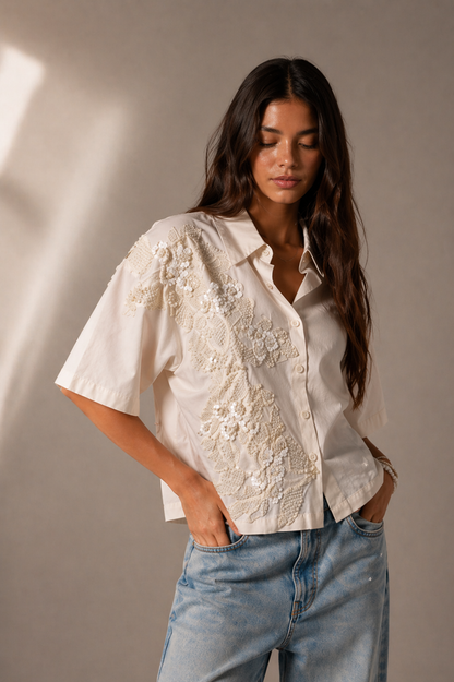 Pearl River Embellished Handcrafted Crop Shirt White