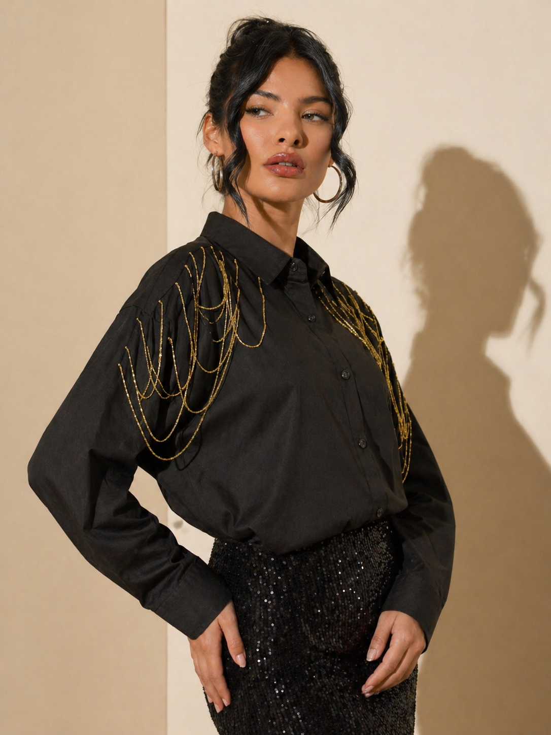 Edgy Embellished Handcrafted Oversized Shirt Black