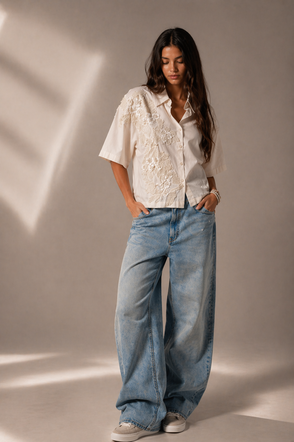 Pearl River Embellished Handcrafted Crop Shirt White