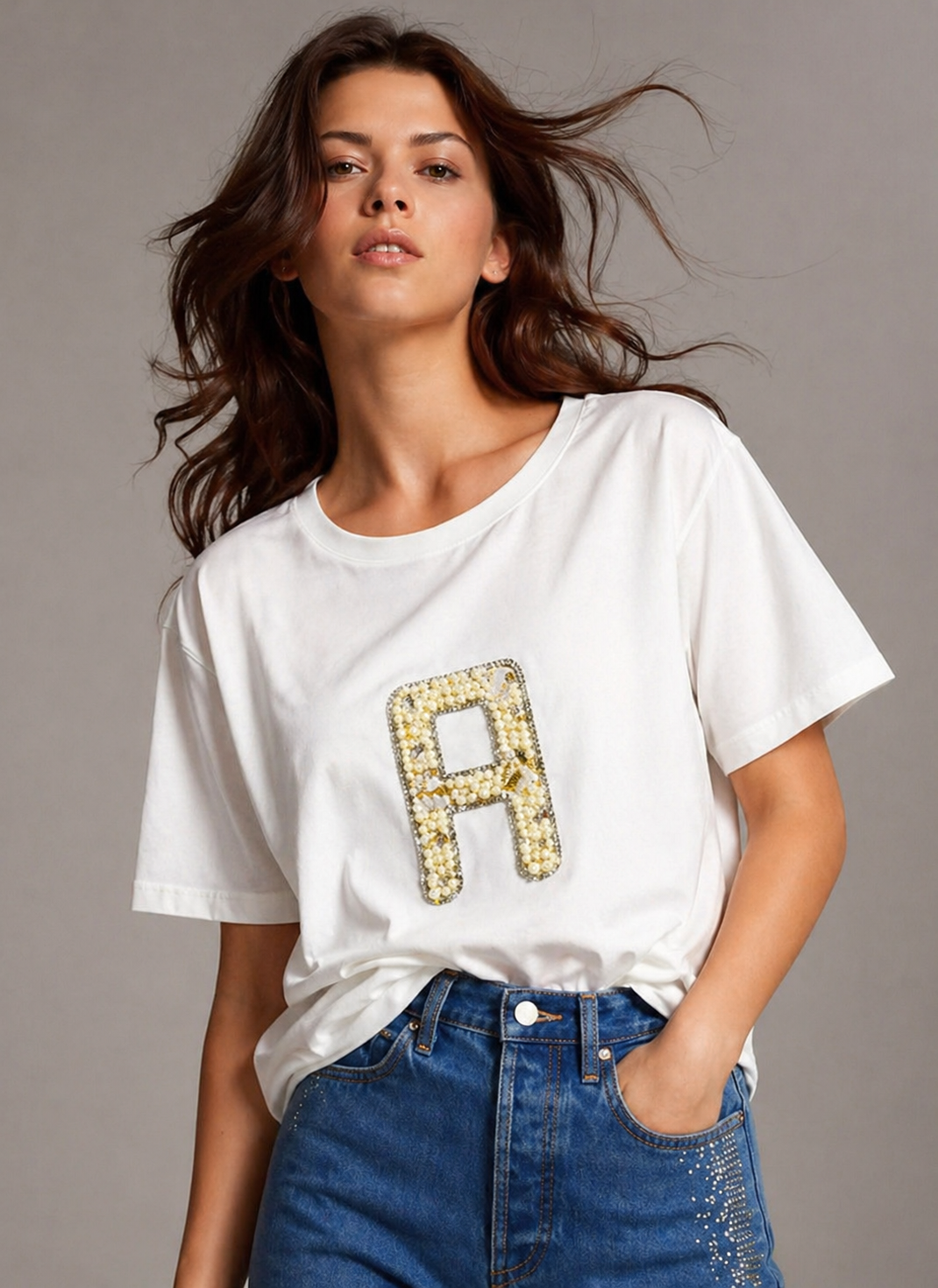 Personalized alphabet hand embroidered embellished oversized T-shirt  White
