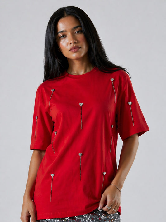 Heartdrop Embellished Handcrafted Drop oversized T-Shirt Red