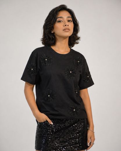 Flower Embellished Handcrafted Oversized T-Shirt Black