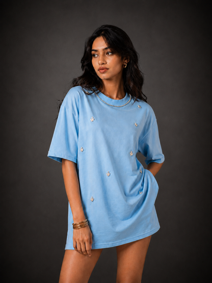 Sky Leaf Embellished Handcrafted Oversized Tshirt Dress Powder Blue