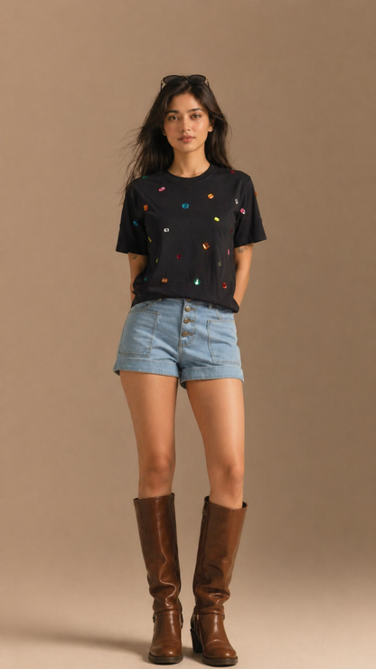 9 Stone Embellished Handcrafted Crop T-Shirt Black