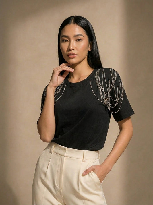 Edgy Embellished Handcrafted oversized T-Shirt Black